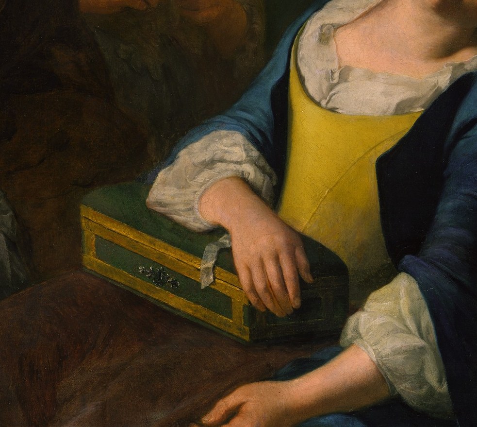 The only saturated warm color in the painting; Traversi uses it to spotlight the sleeping figure and visually separate her from the darker surrounding crowd