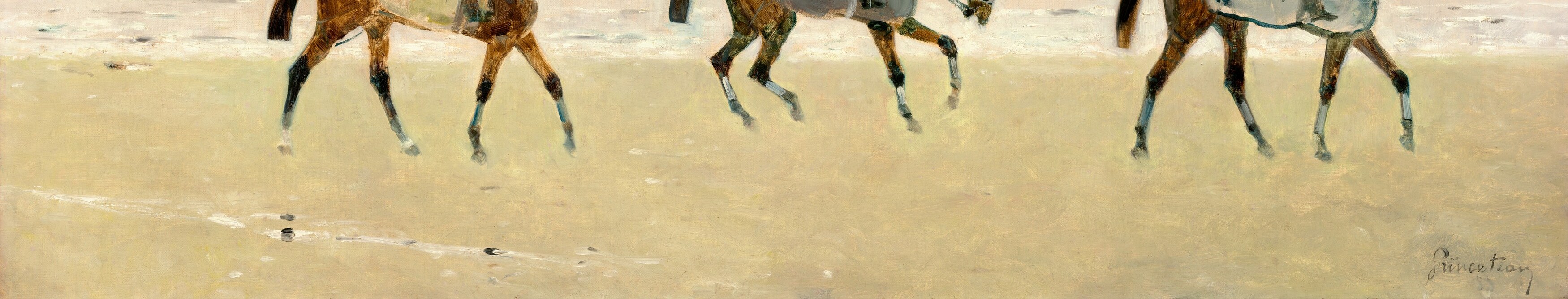 The reflective, near-featureless sand functions as a mirror of the sky's luminosity; its emptiness amplifies the horses' motion and scale.