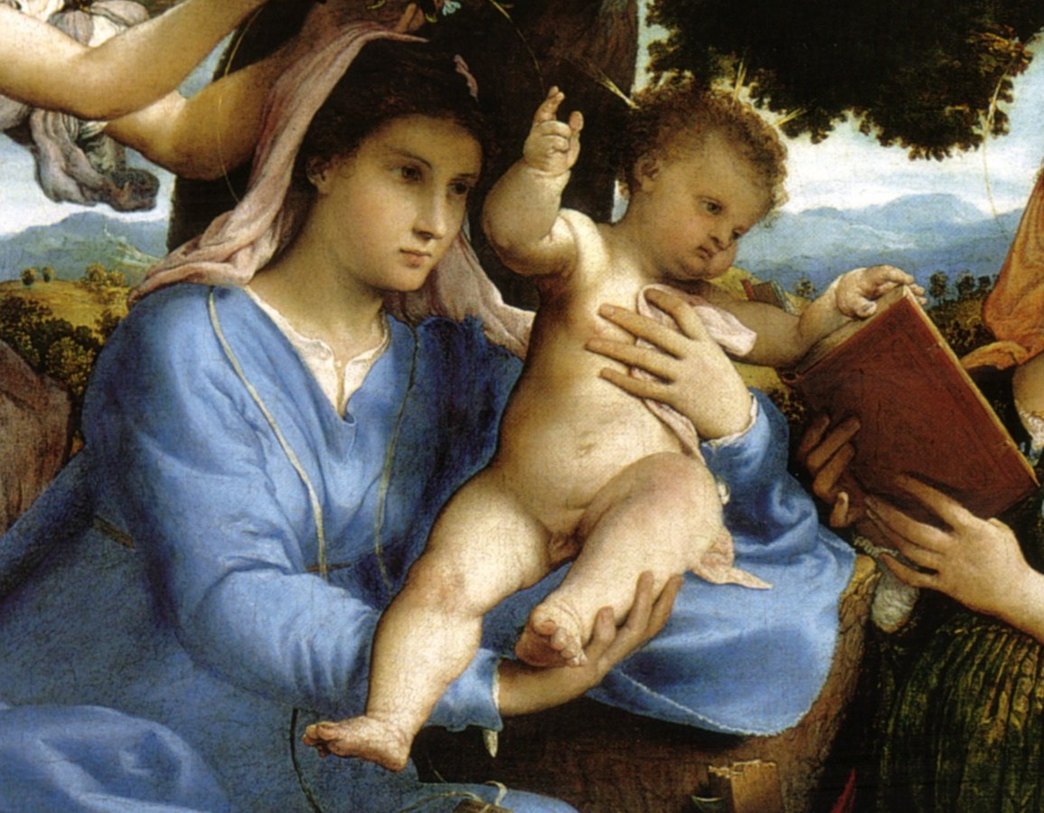The tender gaze of the Madonna and the cherubic innocence of the child create a powerful emotional core.