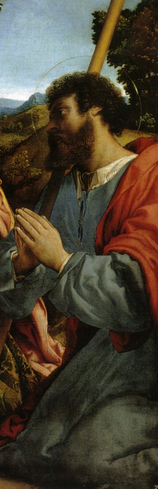 Saint James leans on his pilgrim's staff.