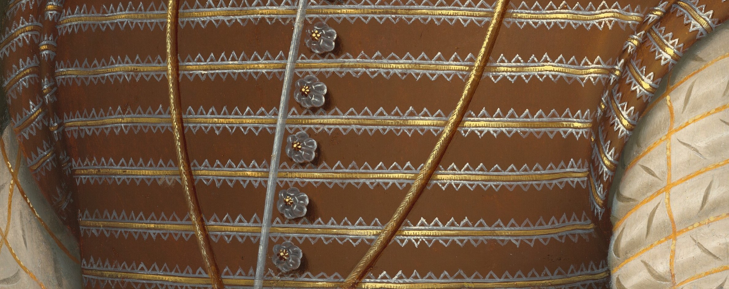 Alternating bands of russet and cream/gold cloth, likely brocade or paned slashing, signal courtly fashion of the late Valois period