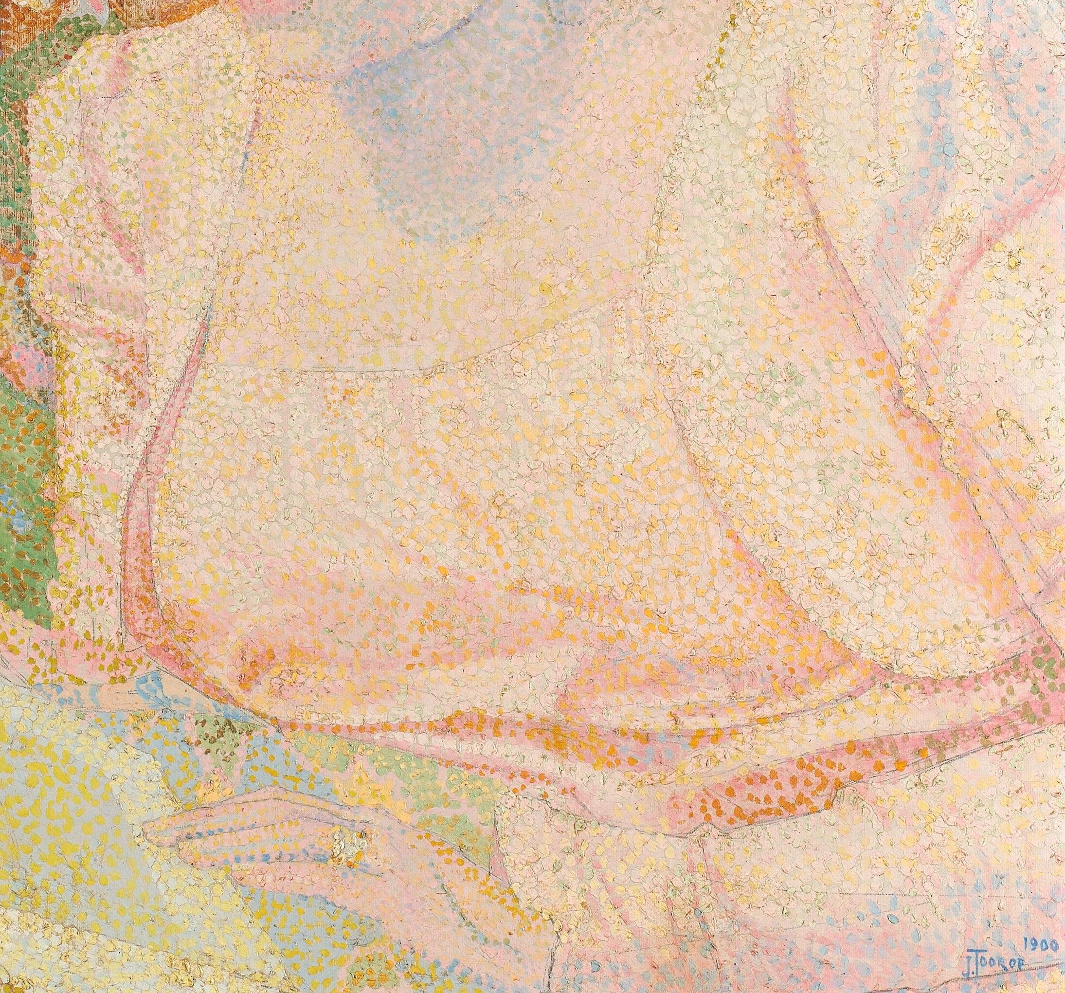 The textured fabric and soft color create a luminous effect, highlighting the sitter's presence.