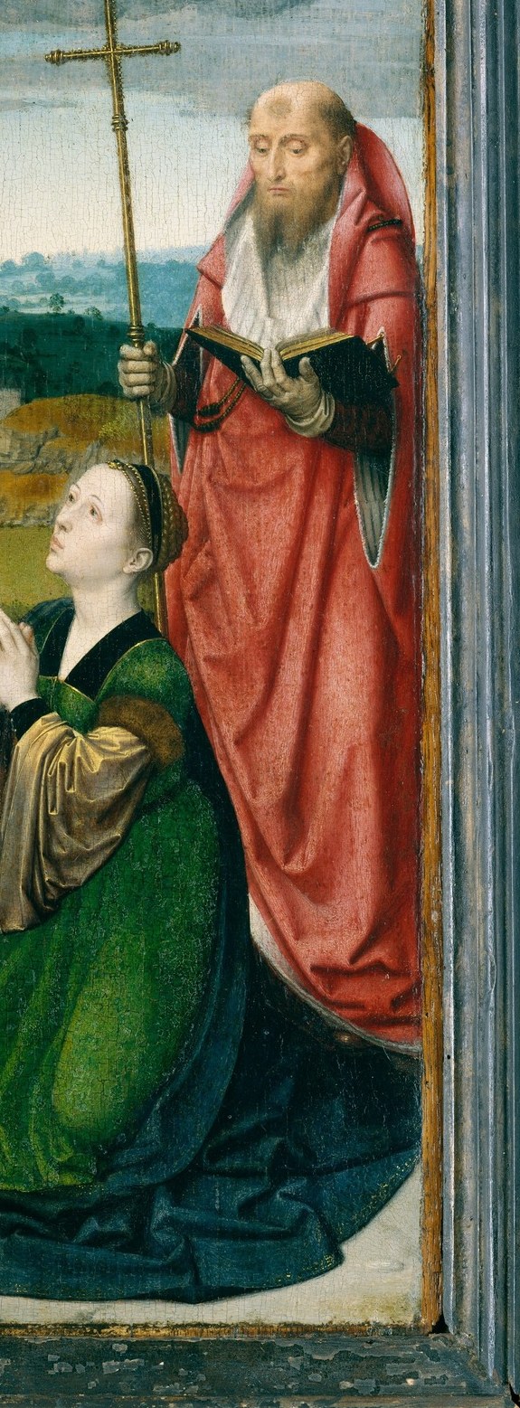 The patriarchal figure balances the female grief at left; his red robe signals martyrdom and apostolic authority, while the open book frames the event as scripture fulfilled.