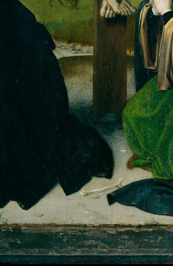 The rich green robe and fervent clasped-hand posture make her the viewer's devotional surrogate , the most actively praying figure at the cross's foot.