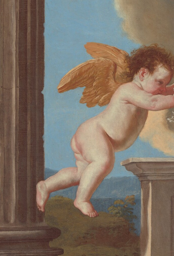 Small cherubs below offer flowers for her journey.