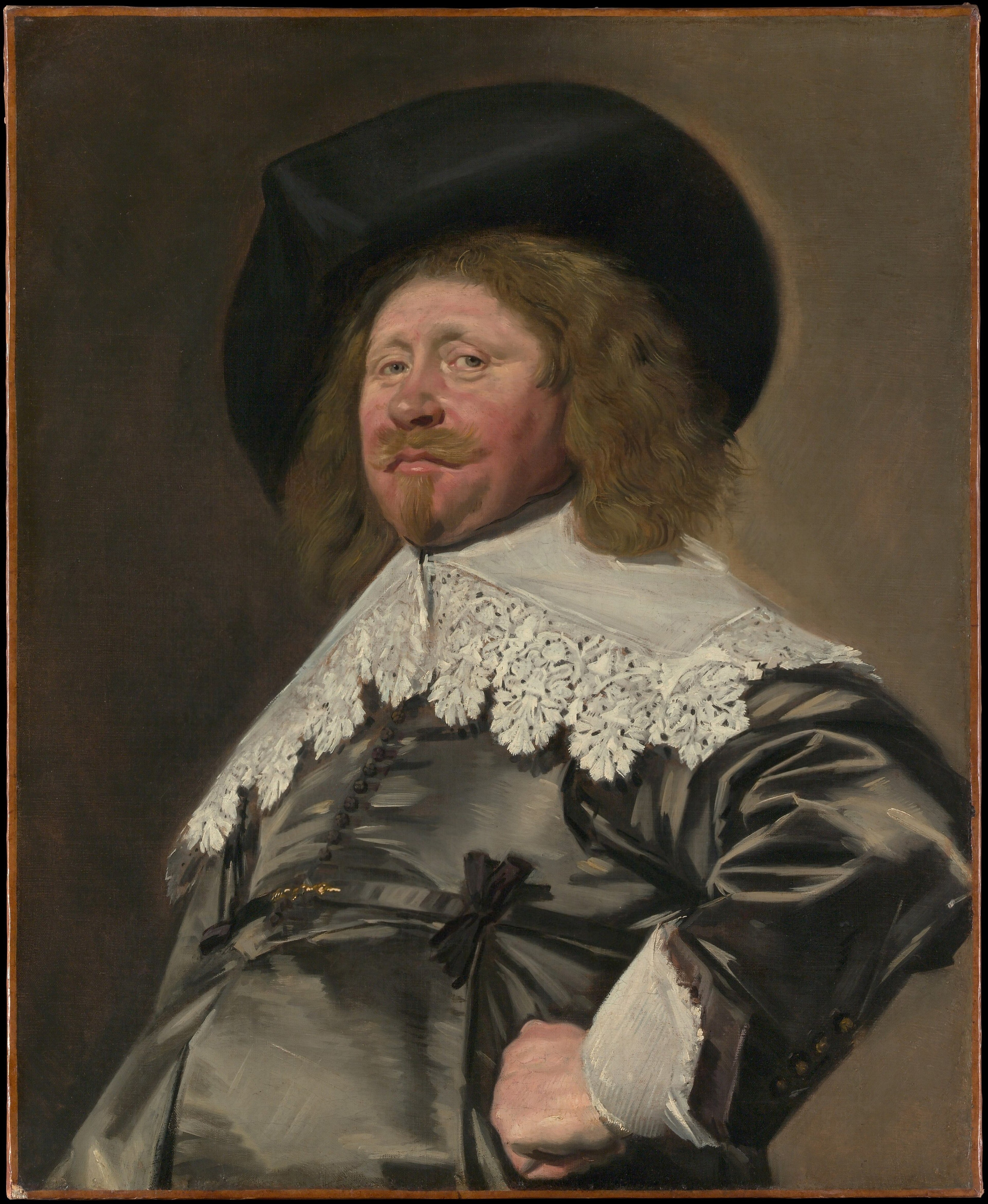 The flat, dark background serves to isolate the figure, making his presence more immediate and intense.