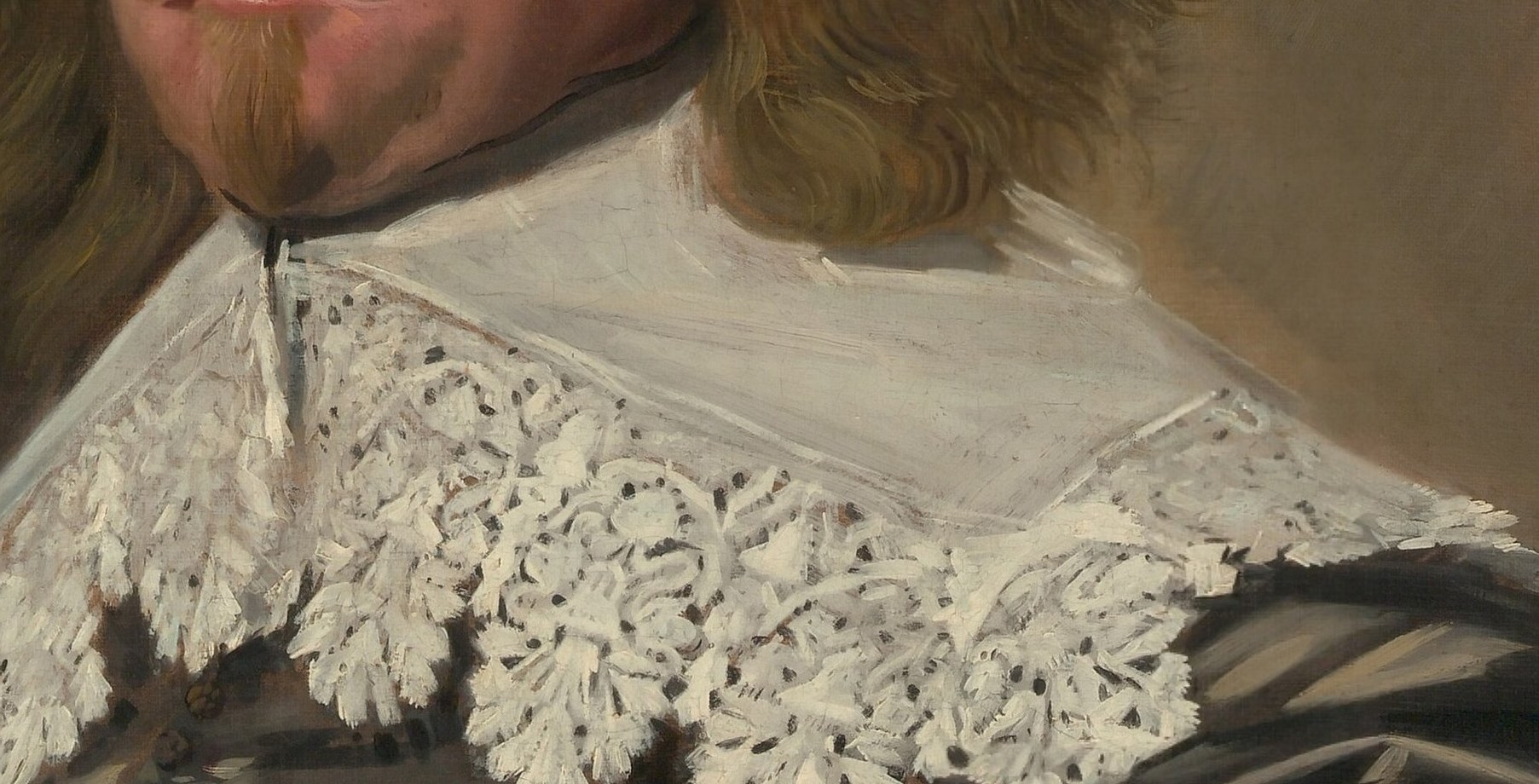 His lace collar is a symbol of status in the Golden Age.