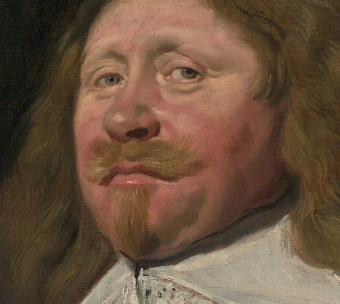 Painted by Frans Hals in 1638, he looks directly at us.
