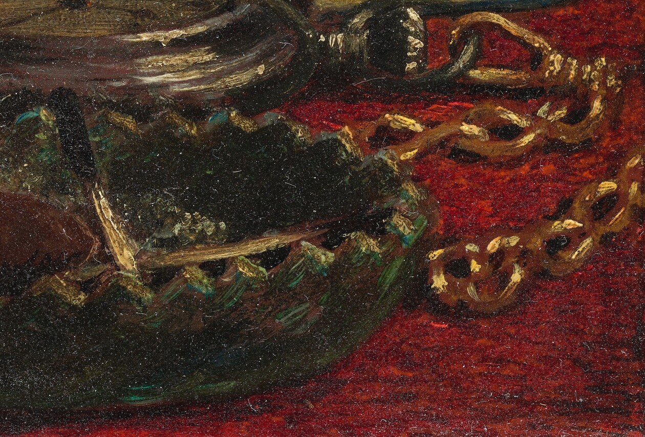 See the soft, rumpled red cloth, painted with loose strokes.