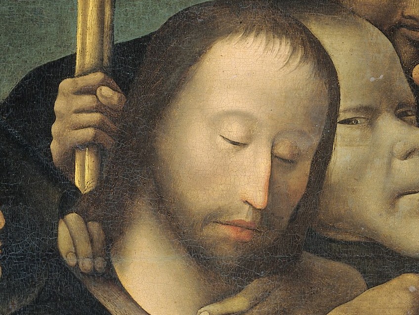 Christ, at the center, closes his eyes in quiet acceptance.