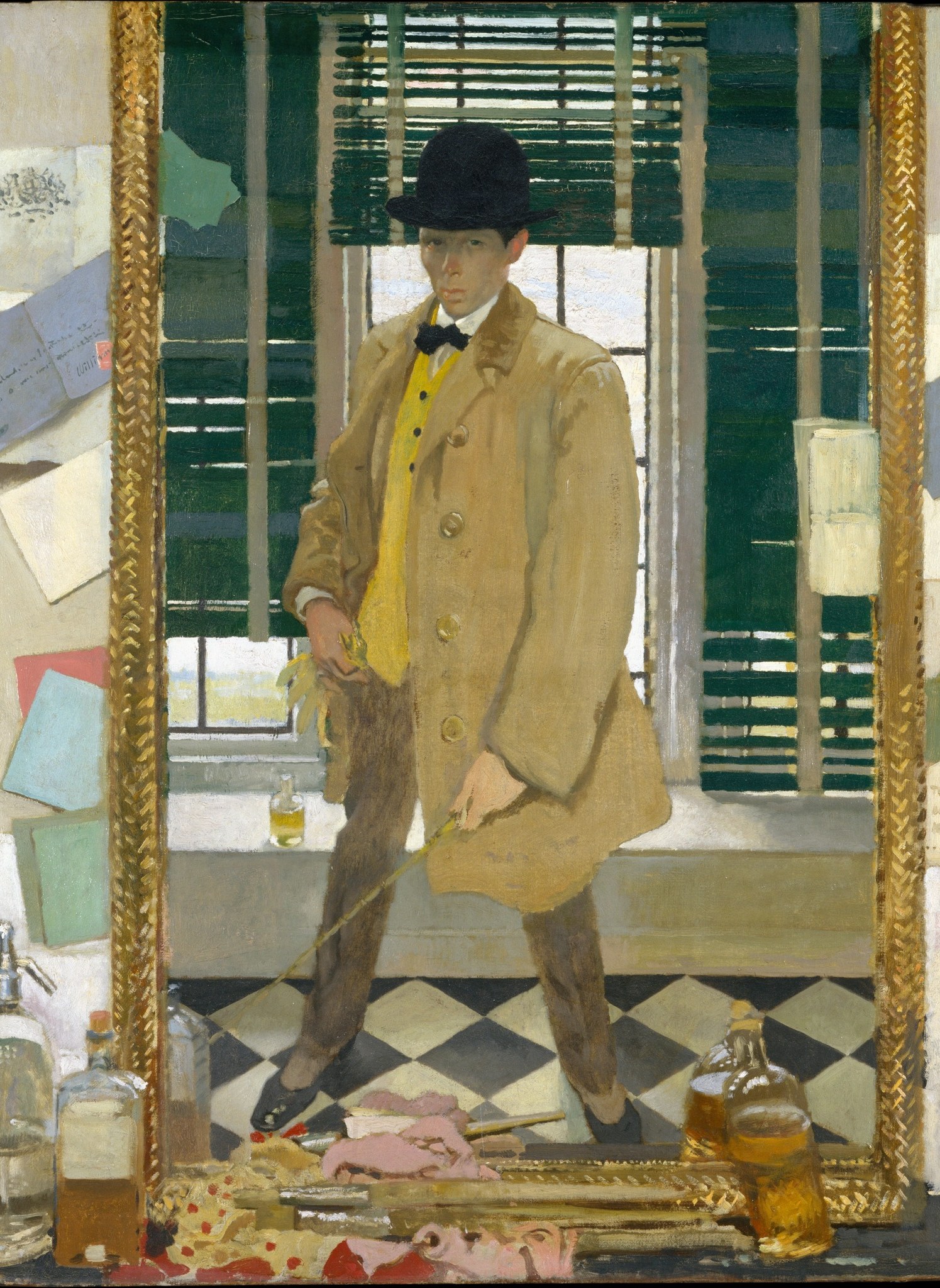 The figure stands inside a canvas-within-a-canvas frame, blurring the boundary between artist and artwork , a classic self-referential conceit.