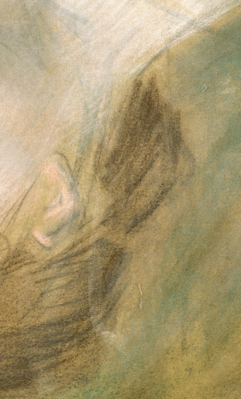 The loose, sketchy lines of her hair convey informality.