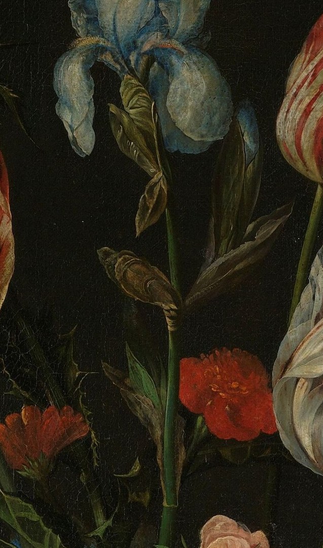 Then look at the delicate blue iris, rendered in velvety paint.