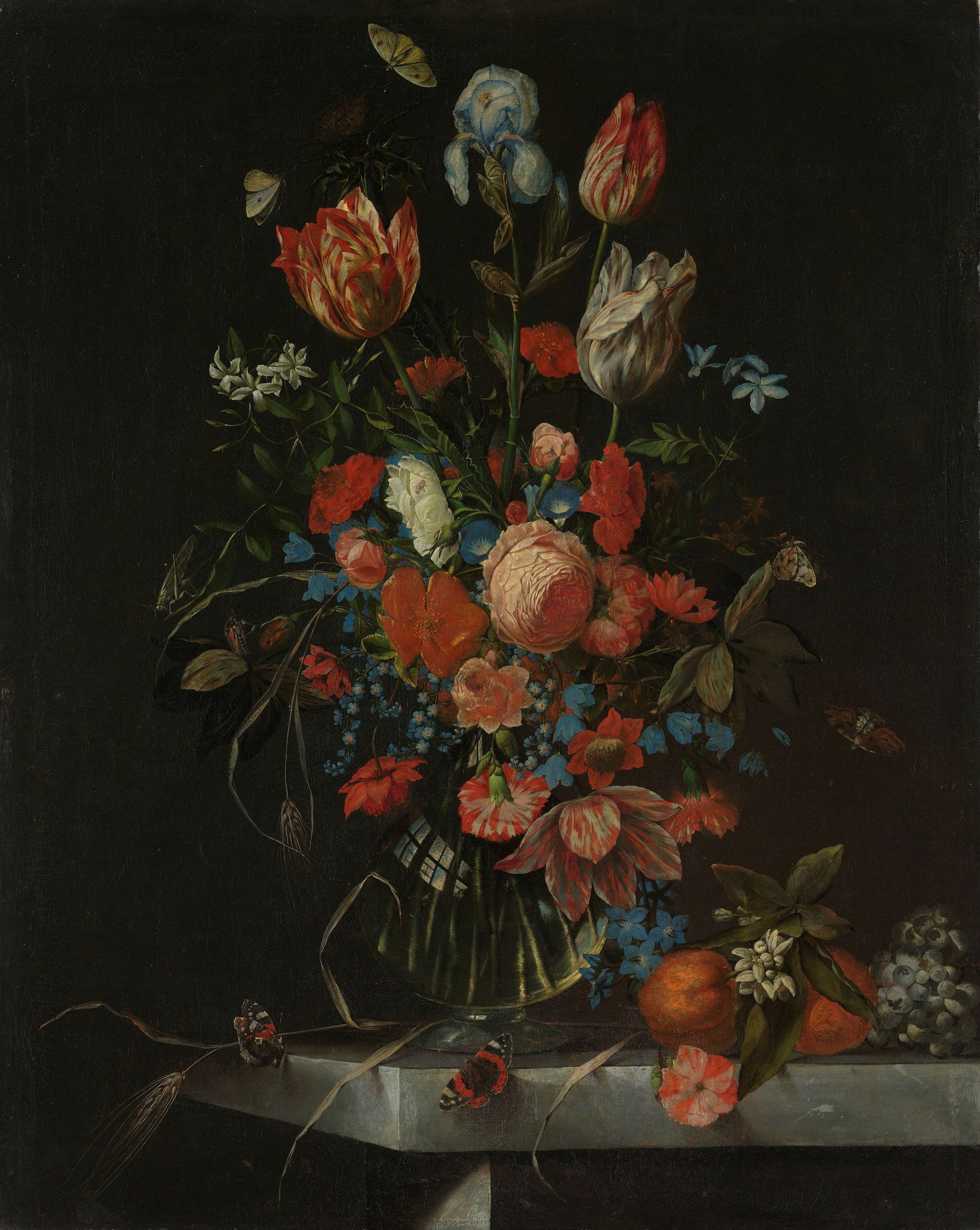 The deep, dark background makes the brightly colored flowers and objects pop, emphasizing their form and texture.