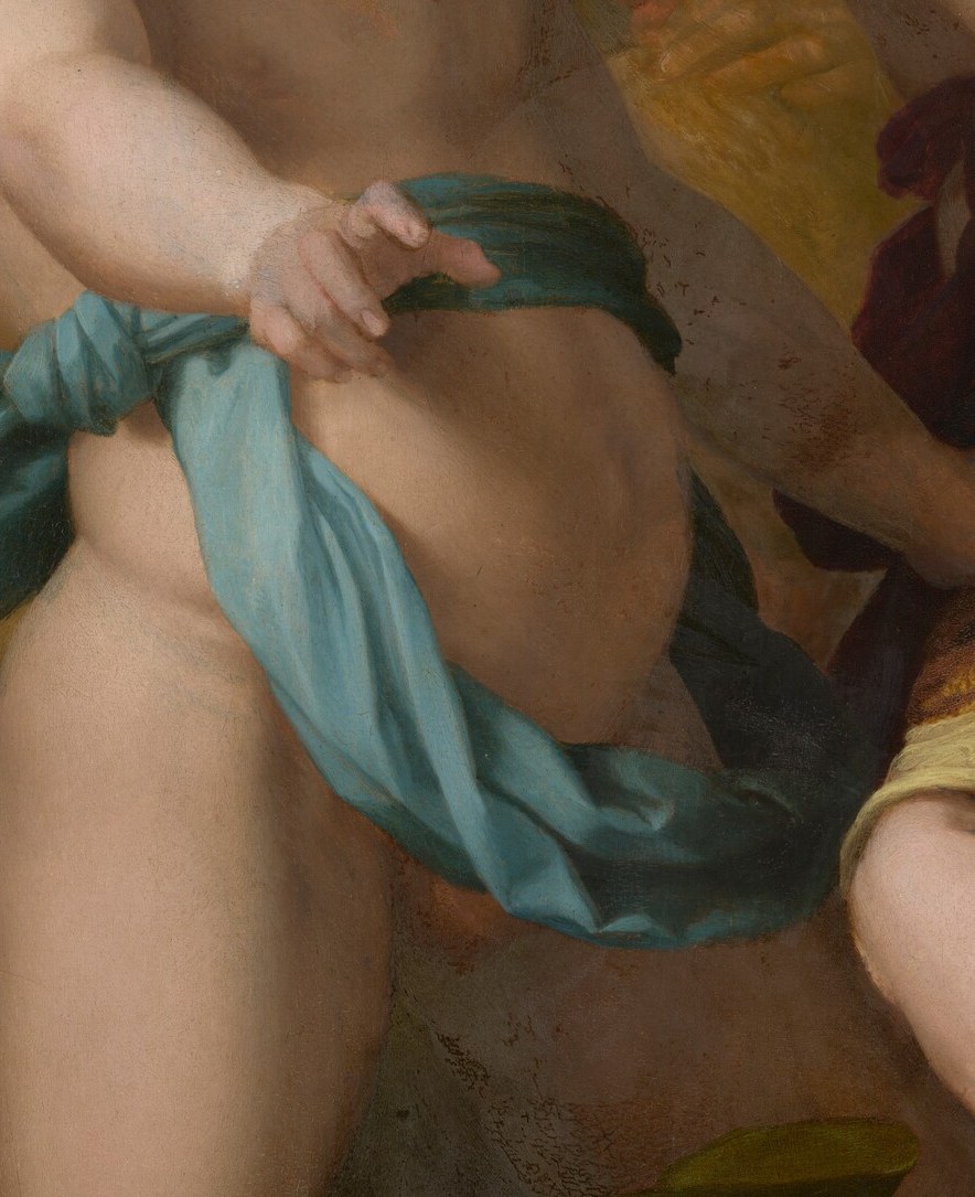 The vibrant blue drapery could symbolize divine grace.