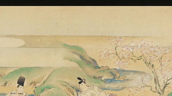 The mineral-green pigment is a hallmark Yamato-e convention for garden scenery; it sets the aristocratic outdoor stage and compresses space in the traditional flat perspective.
