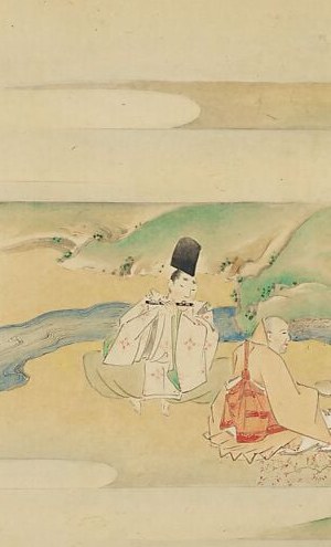 The upright posture and white robes isolate this figure as the emotional anchor of the scene , possibly Genji or a high-ranking court lady commanding attention.
