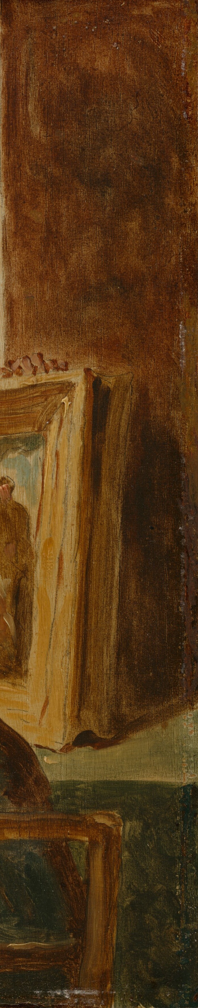 This strong vertical element anchors the composition and adds to the sense of enclosure within the auction room.