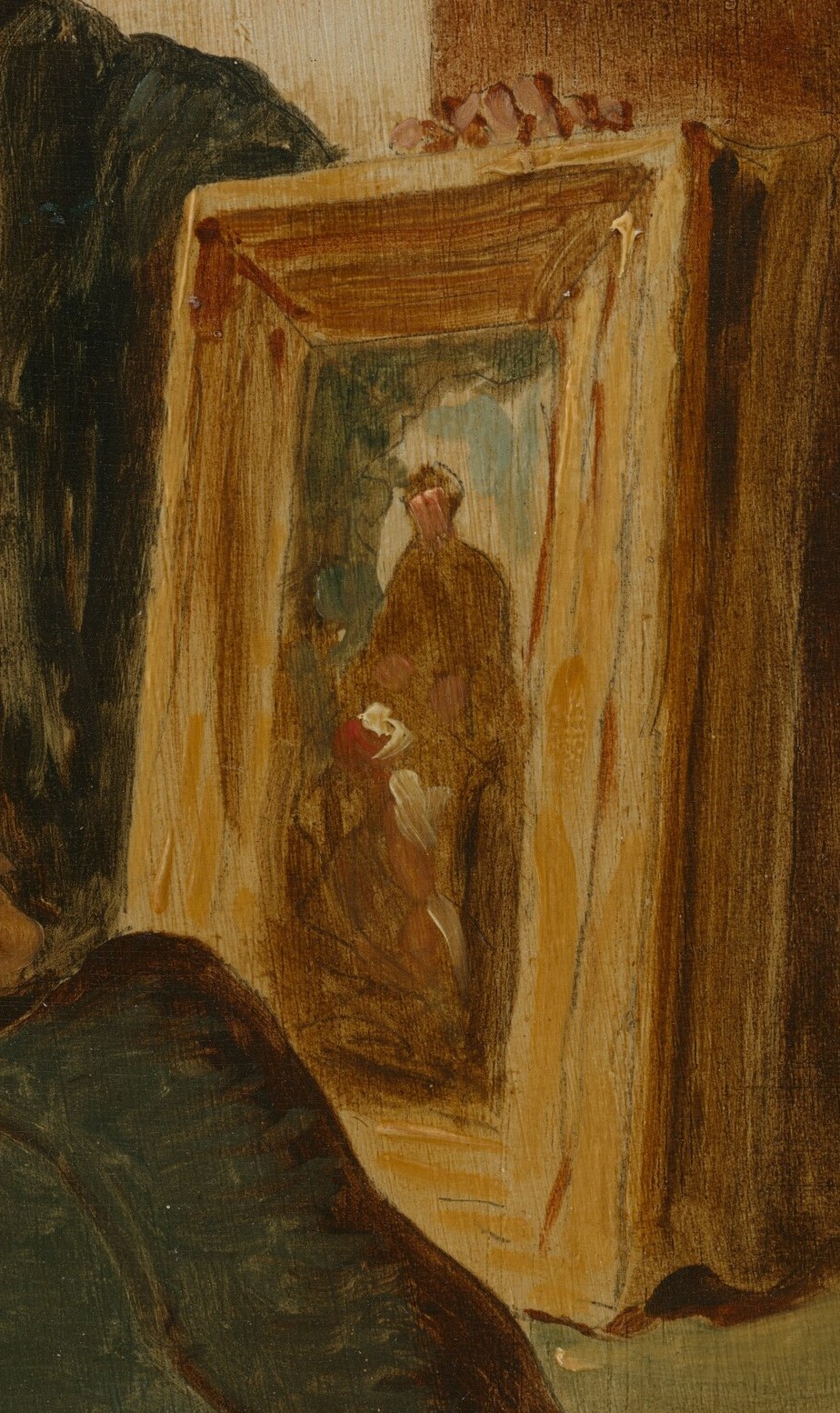 His exaggerated gesture points to the framed artwork.