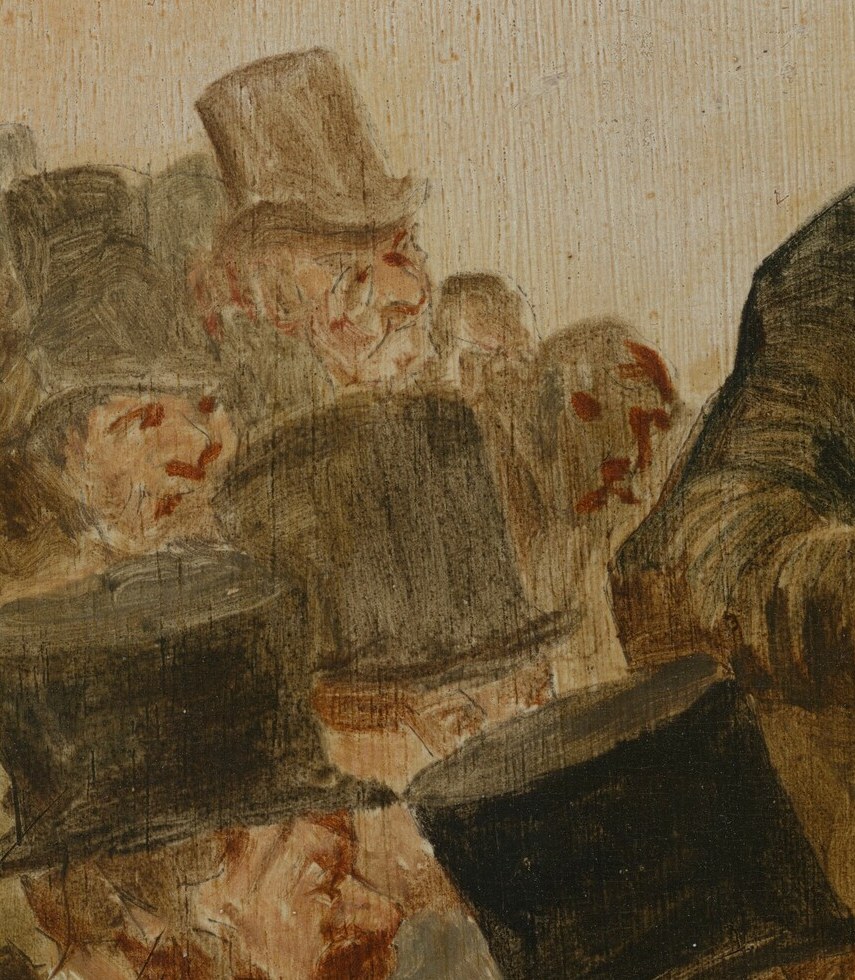 His formal attire and slightly obscured face represent the anonymous yet engaged members of the 19th-century art market.