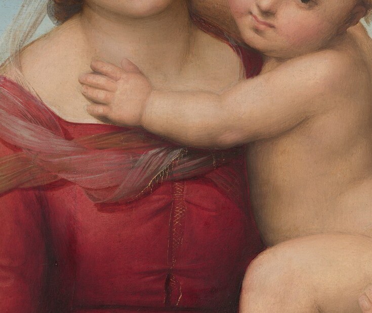 The left hand grips Mary's dress while the right gestures outward , a balance of clinging humanity and blessing gesture that Raphael would refine across his career.