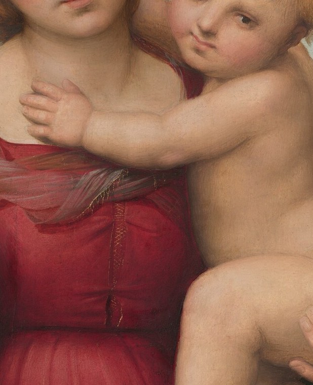The naturalistic depiction of infant flesh , dimpled, warm-toned , was a Renaissance innovation asserting Christ's full humanity alongside divinity.