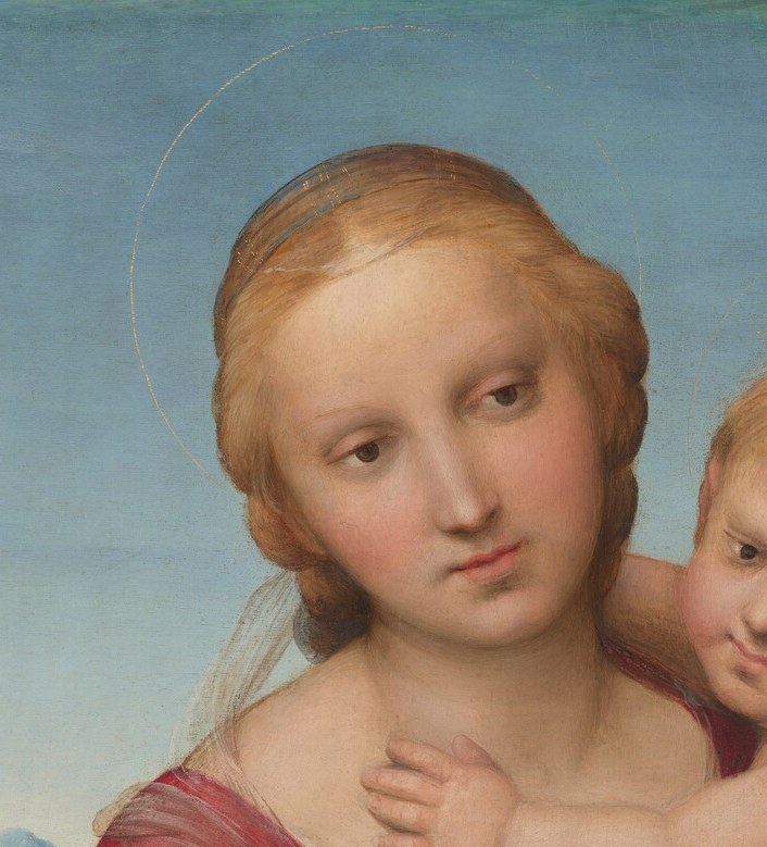 The slight downward tilt and serene expression embody Raphael's ideal of quiet maternal devotion , no drama, only inward tenderness.