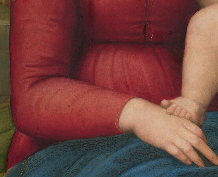 Soft, careful fingers cradle the infant's weight; the gentle grip is both physical support and symbol of the Church holding the sacred.
