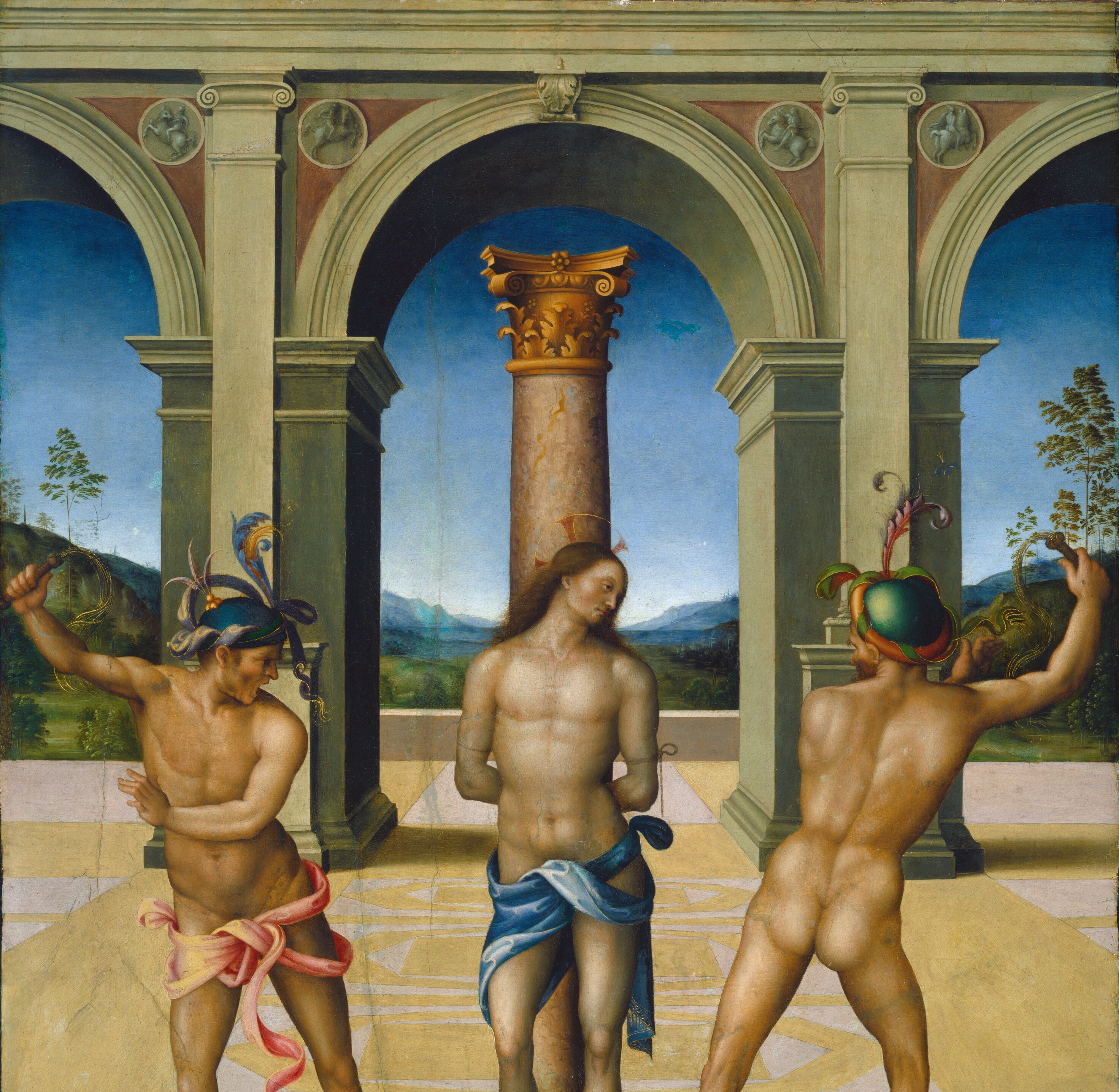 Three elegant arches frame a scene of raw violence.