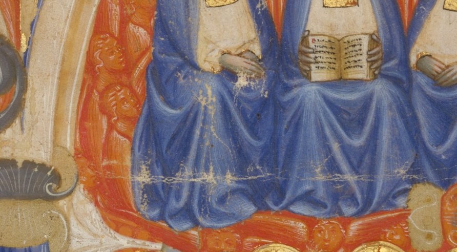 The Trinity is shown in deep blue robes.