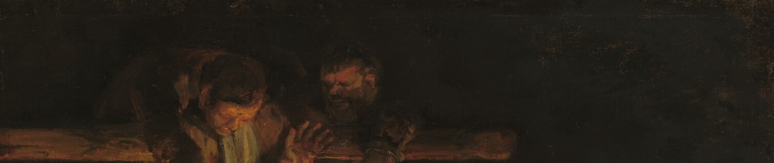 The instrument of execution frames the entire scene from above; its dark wood against lighter sky gives the painting its structural spine