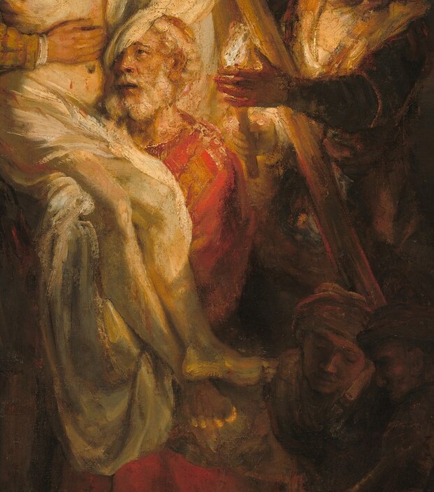 Likely Nicodemus or Joseph of Arimathea , his upturned, anguished face is the most legible emotional anchor in the scene