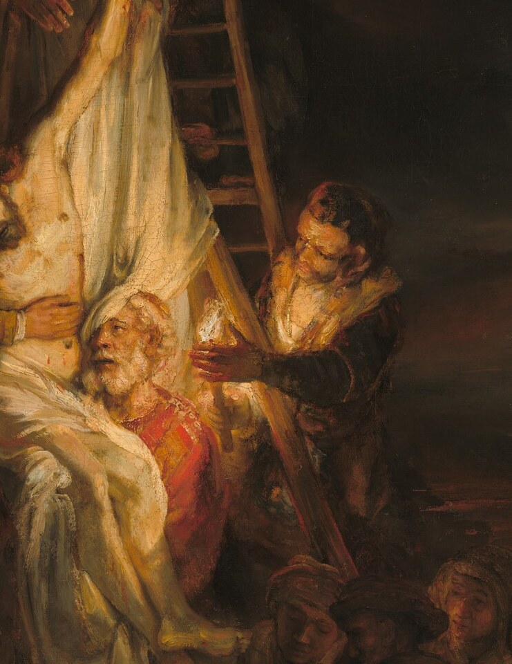 Rembrandt's workshop signature: a single dazzling white cloth amid deep shadow acts as the painting's primary light source, pulling every eye to the body