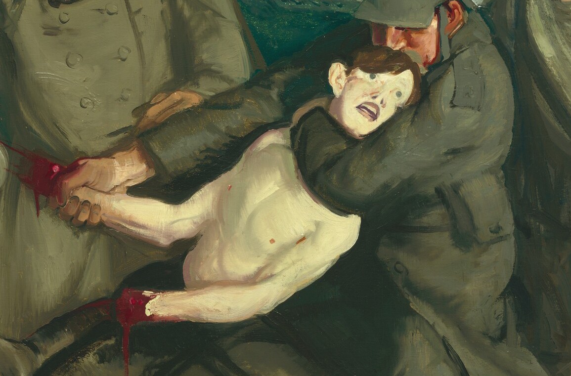 This captured youth, terrified, conveys the immediate brutality.