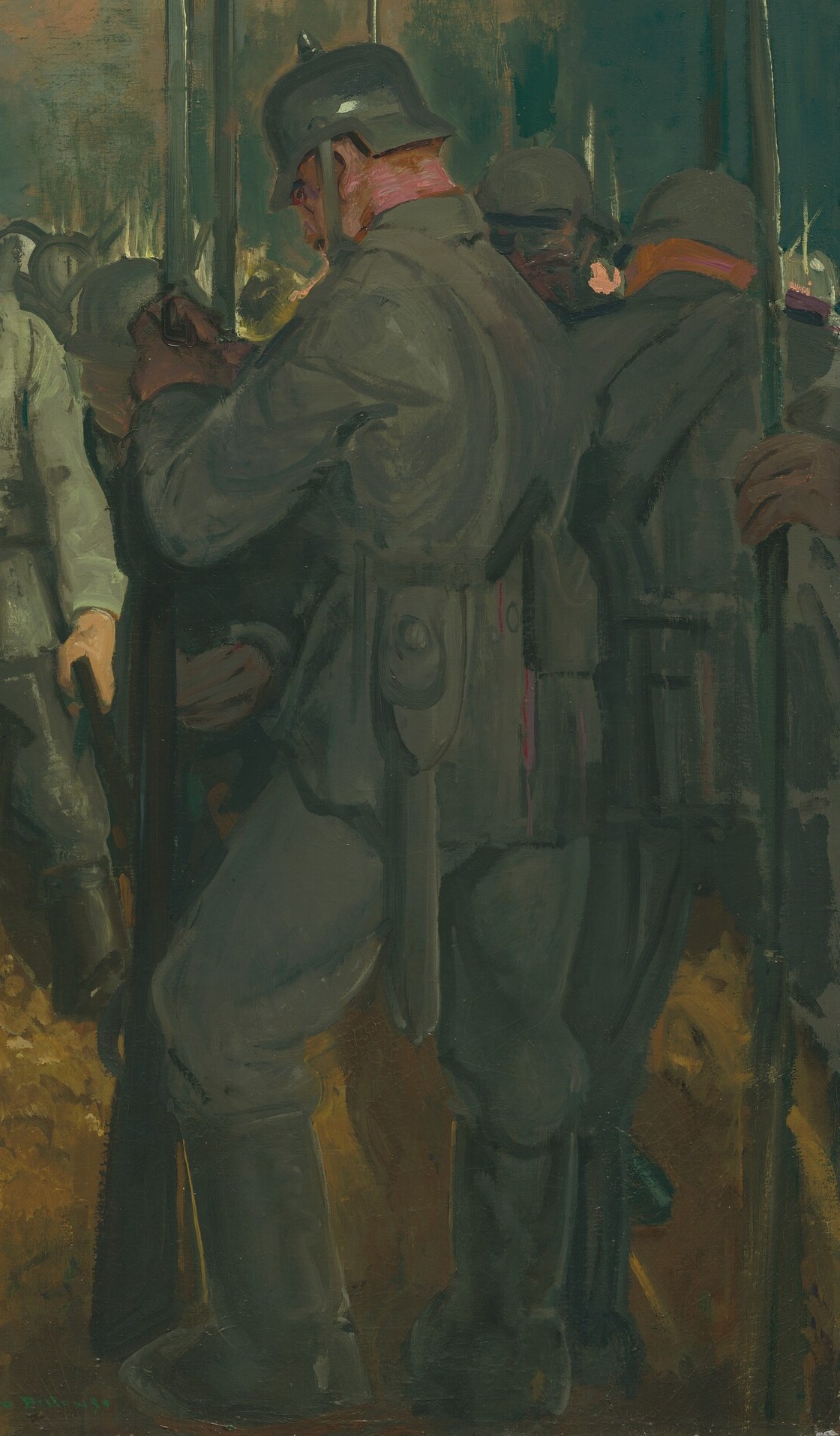 It shows German soldiers advancing into a seemingly American town.
