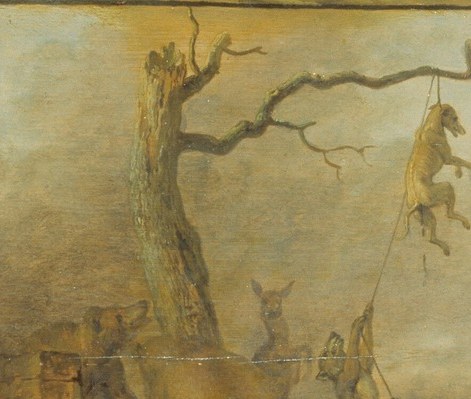 This stark tree acts as a central axis, its bare branches bearing the weight of the hanging dogs and framing the chaotic scene.
