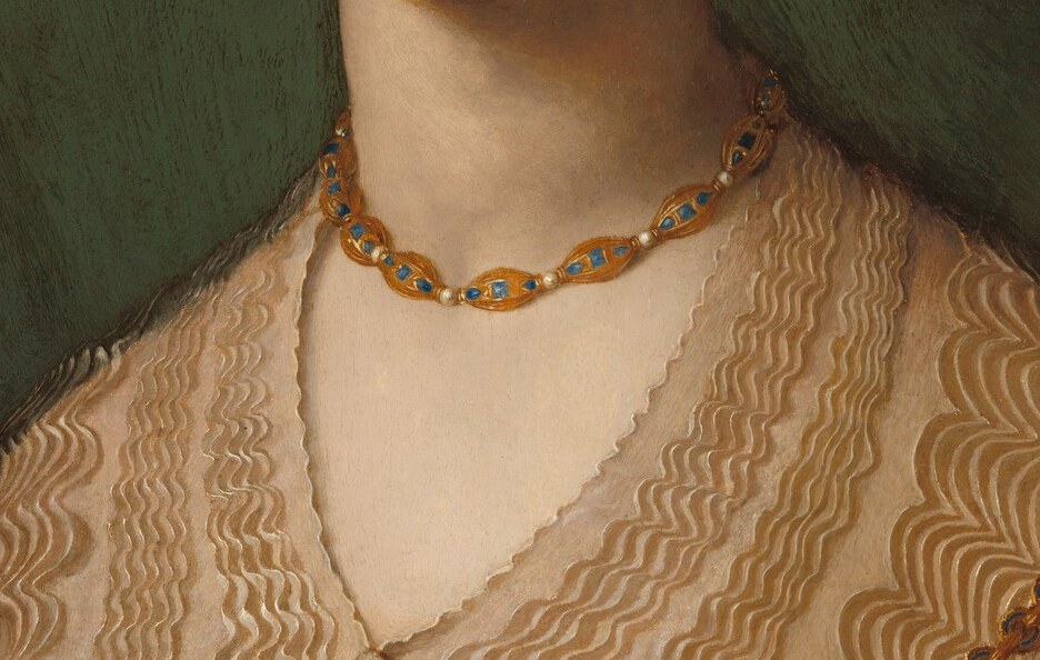 Notice her intricate lace collar, a sign of meticulous craftsmanship.