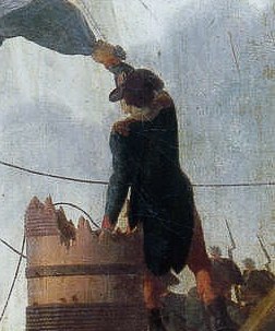 His commanding posture and gaze towards the battle suggest leadership and determination amidst chaos.
