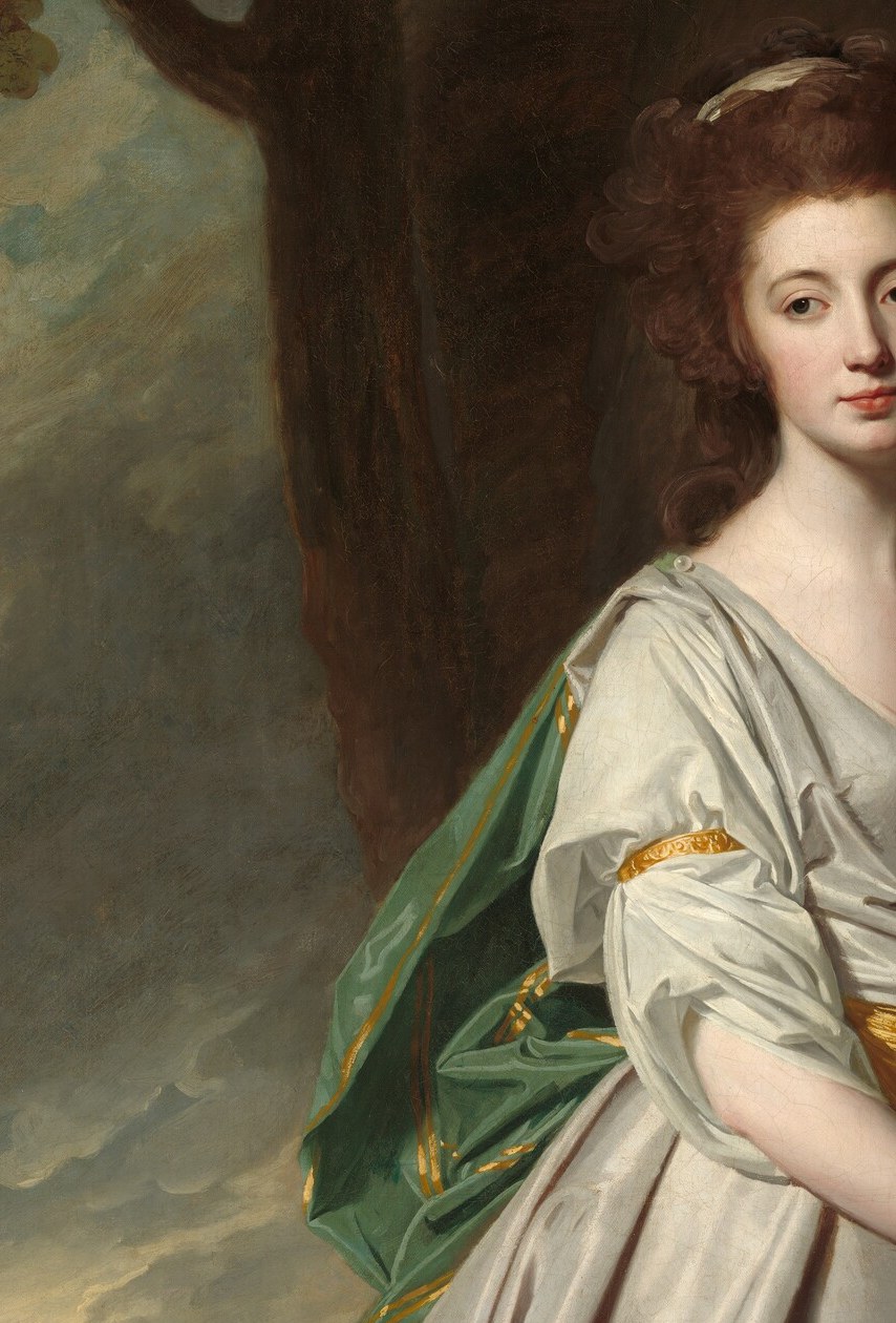 The vivid green silk wrapped over her arm was the boldest color choice the painter made.