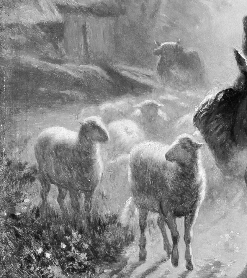 The woolly mass moves as a single organism; Troyon differentiates heads and fleece textures within the group, showing his mastery of collective animal movement.