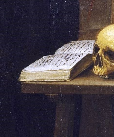 Its pages filled with text suggest sacred knowledge or scripture, central to the saint's devotion.