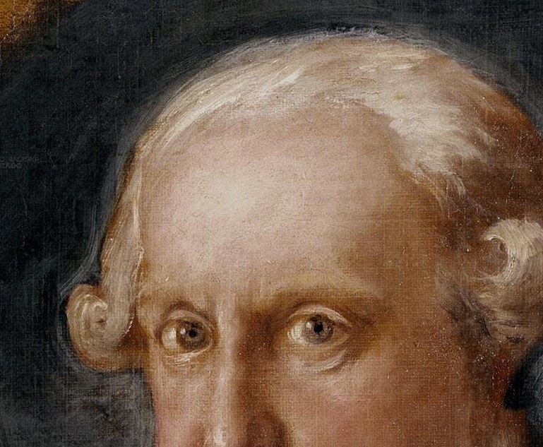 The meticulously styled wig signifies the fashion and formality of the era.