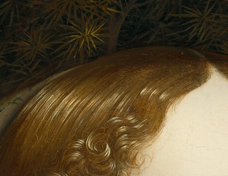 Leonardo renders the iris with subtle glazing; the slight downward cast gives Ginevra an introspective, almost melancholic affect that sets her apart from idealized Renaissance portraits.