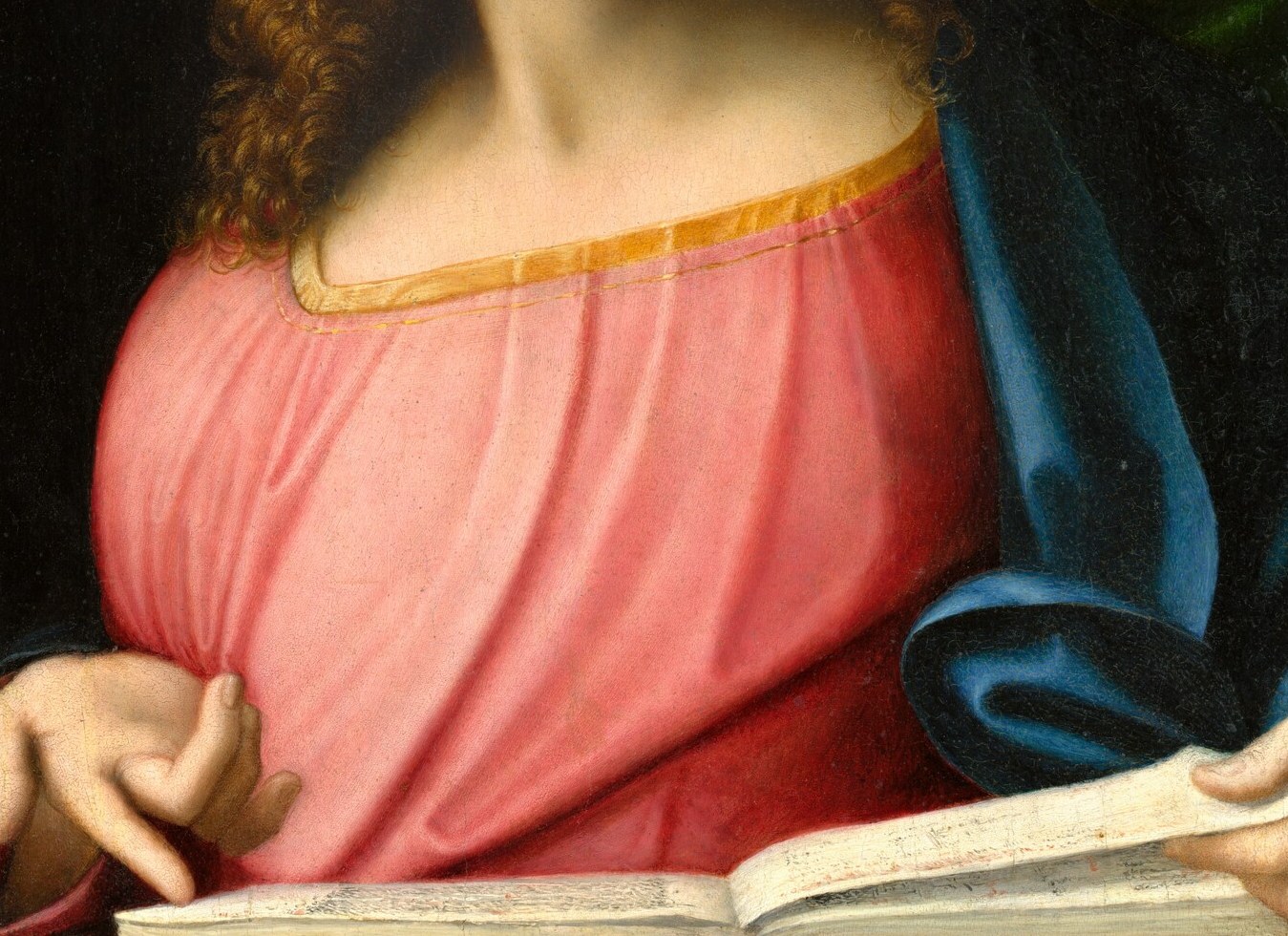 Pink/rose traditionally encodes Christ's human nature; paired with the blue cloak it completes a two-tone theological color statement about the dual nature of the Savior.