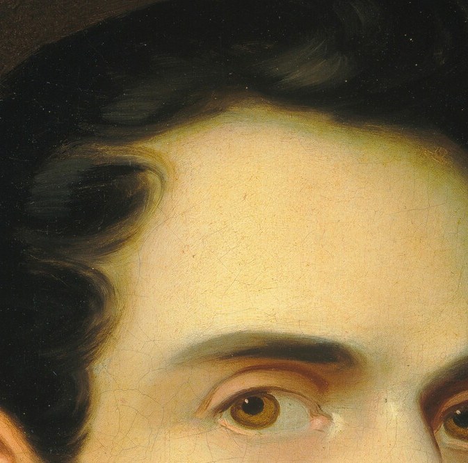 Catch-light visible; the painter modeled the iris carefully, giving a sense of interior life seldom achieved in provincial American portraits of this period.