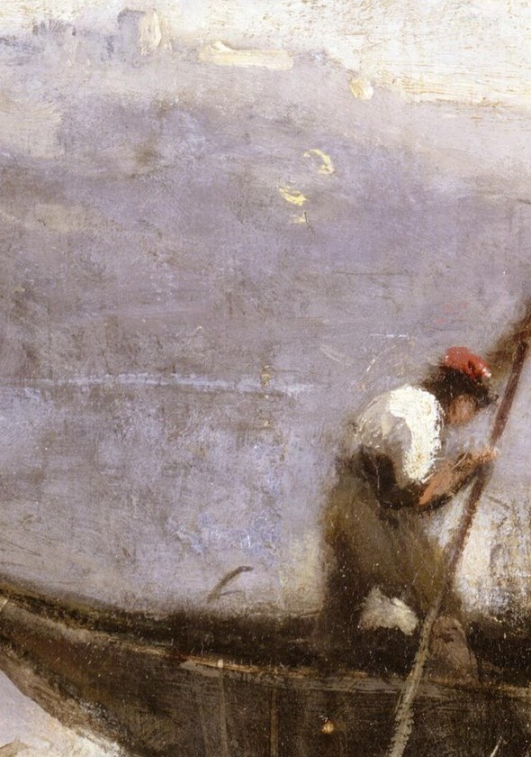 His long pole pushes through calm, dark water.
