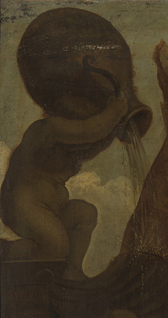 Above them, cherubs pour water and offer wreaths.