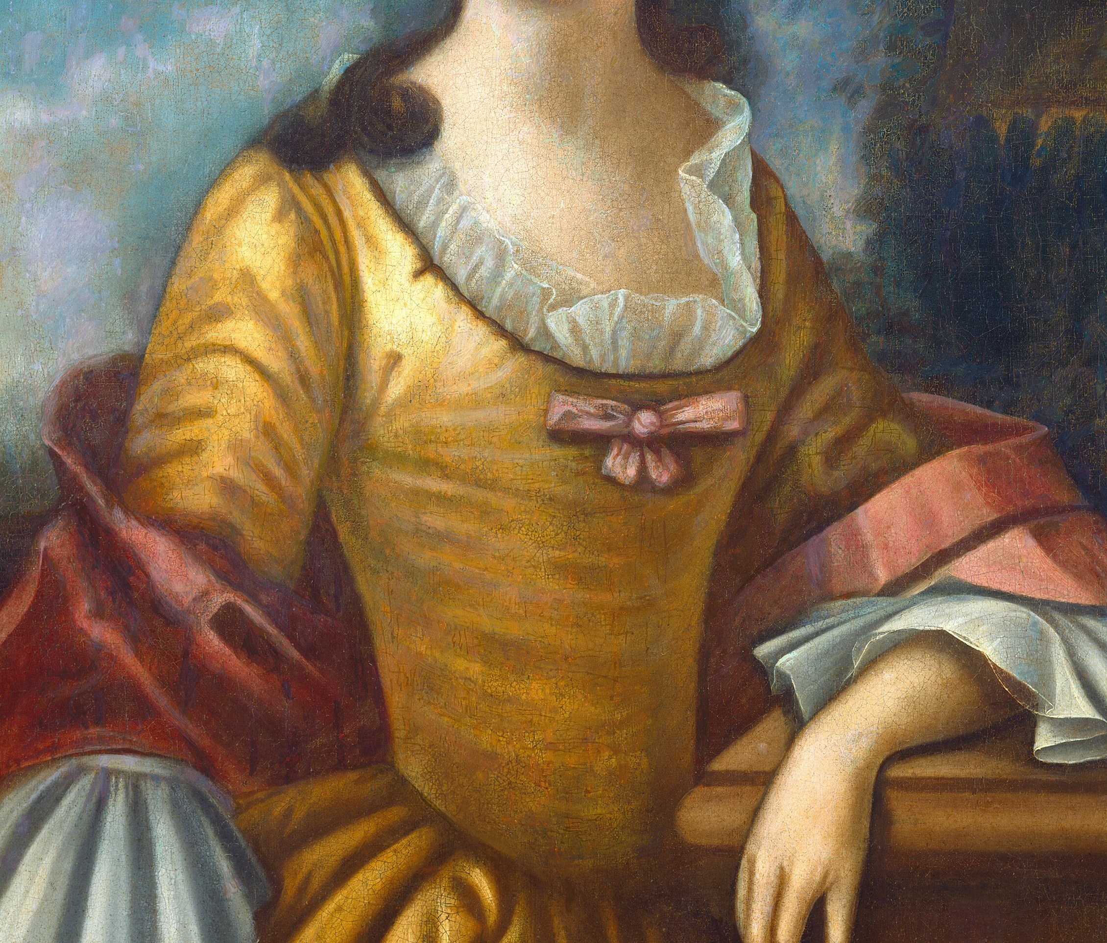 The warm amber-gold of the dress dominates the canvas and was likely a deliberate prestige choice; the fabric folds show West practicing drapery rendering he would later master in London.