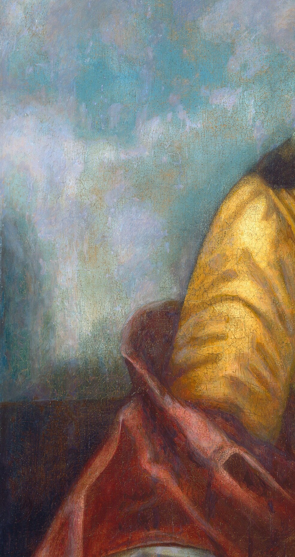 A crimson shawl or wrap adds a contrasting accent and was a stock device in 18th-century portraiture to suggest warmth and vivacity , here it also frames the composition's left edge.