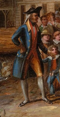 His formal attire and stern gaze suggest he is a figure of authority or a concerned observer in the scene.